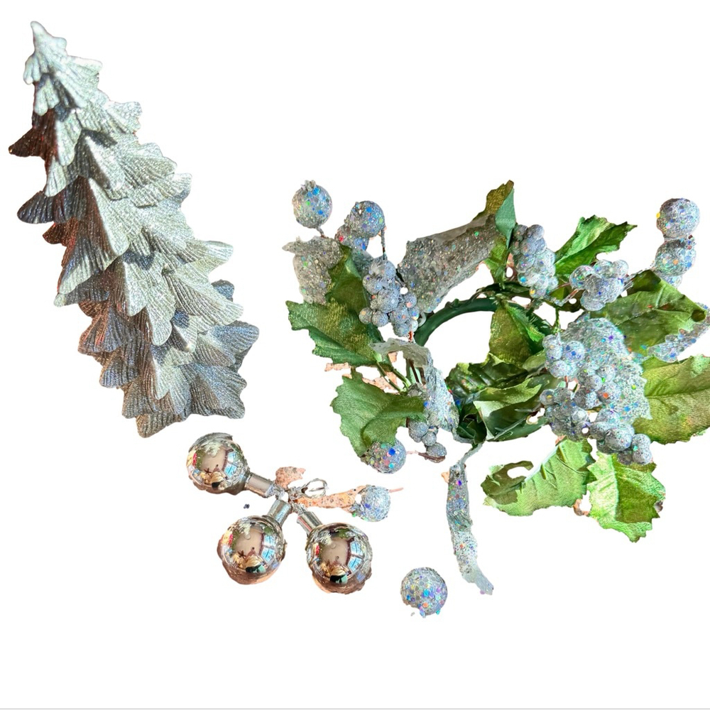 Holiday Decor Silver tree silver and green candle ring and silver balls